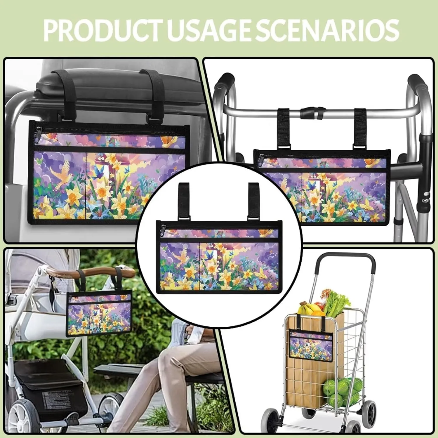 Yellow Flower Electric Wheel Chair Accessories Pouch Lightweight Wheelchair Side Organizer Bag Large Capacity Wheelchair Cup Holder Fits Mobility Scooter