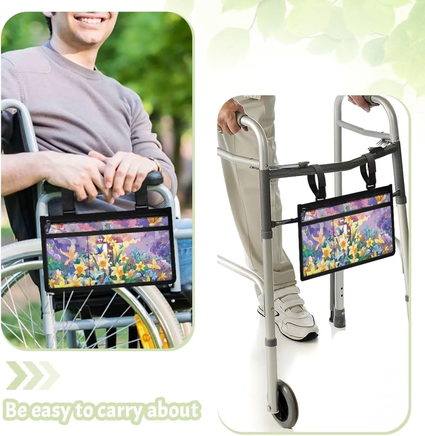 Yellow Flower Electric Wheel Chair Accessories Pouch Lightweight Wheelchair Side Organizer Bag Large Capacity Wheelchair Cup Holder Fits Mobility Scooter
