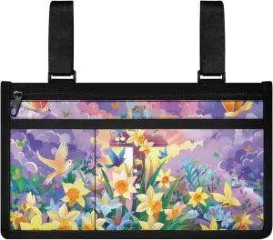 Yellow Flower Electric Wheel Chair Accessories Pouch Lightweight Wheelchair Side Organizer Bag Large Capacity Wheelchair Cup Holder Fits Mobility Scooter