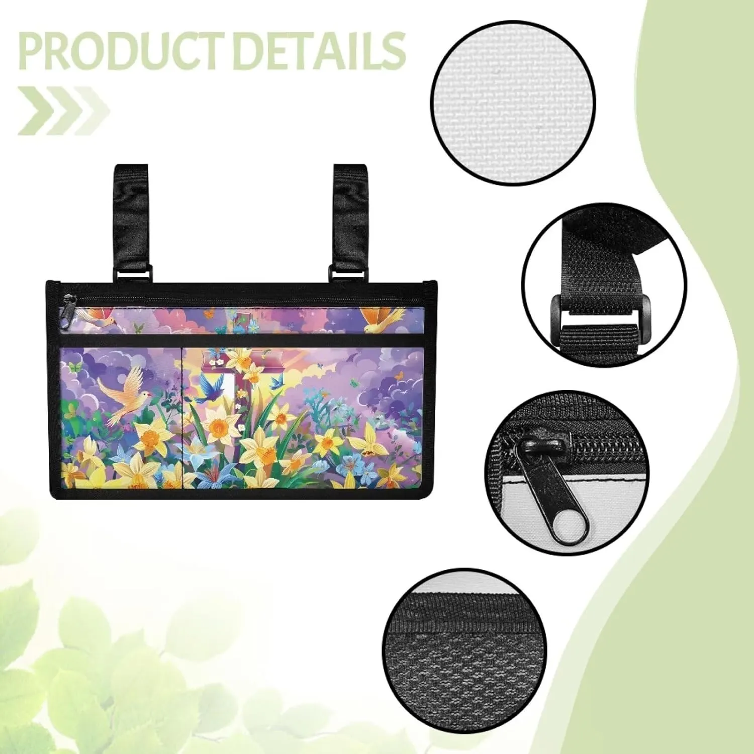 Yellow Flower Electric Wheel Chair Accessories Pouch Lightweight Wheelchair Side Organizer Bag Large Capacity Wheelchair Cup Holder Fits Mobility Scooter