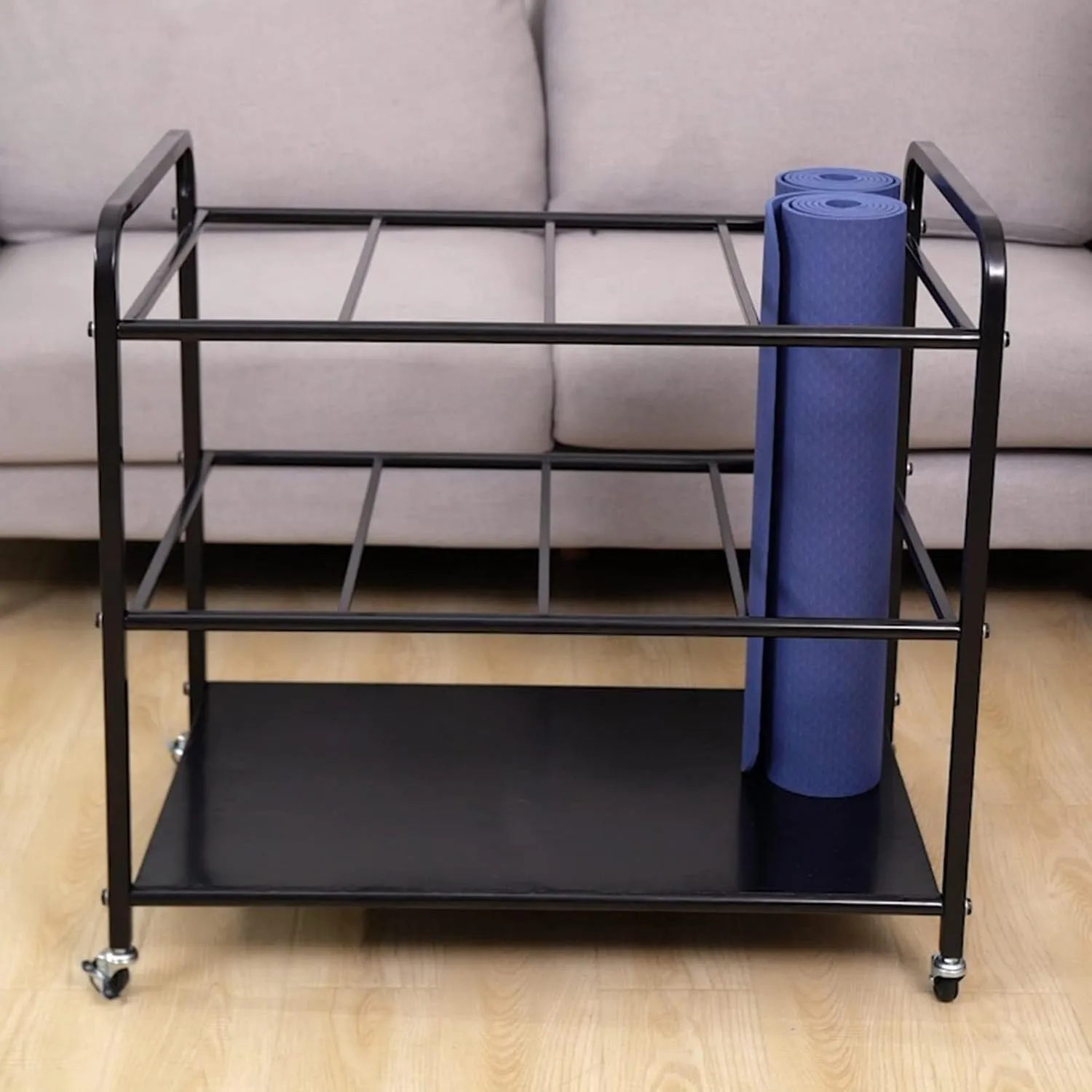 Yoga Mat Stand, Foam Roller Storage Cart with Lockable Wheels, Rolling Fitness Organizer for Gym & Home (White)(Black)