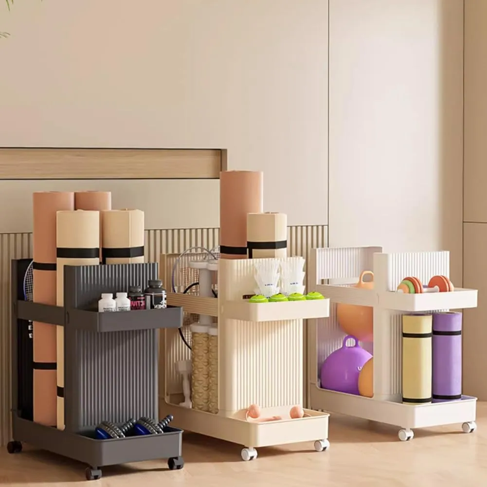 Yoga Mat Storage Rack, Home Gym Storage Rack Basket on Wheels Utility Cart, White, Wood, One Size, Tiered Shelf, 1 Shelf, 50x26x50cm, Tools/Clothing/Toys/Sports Equipment