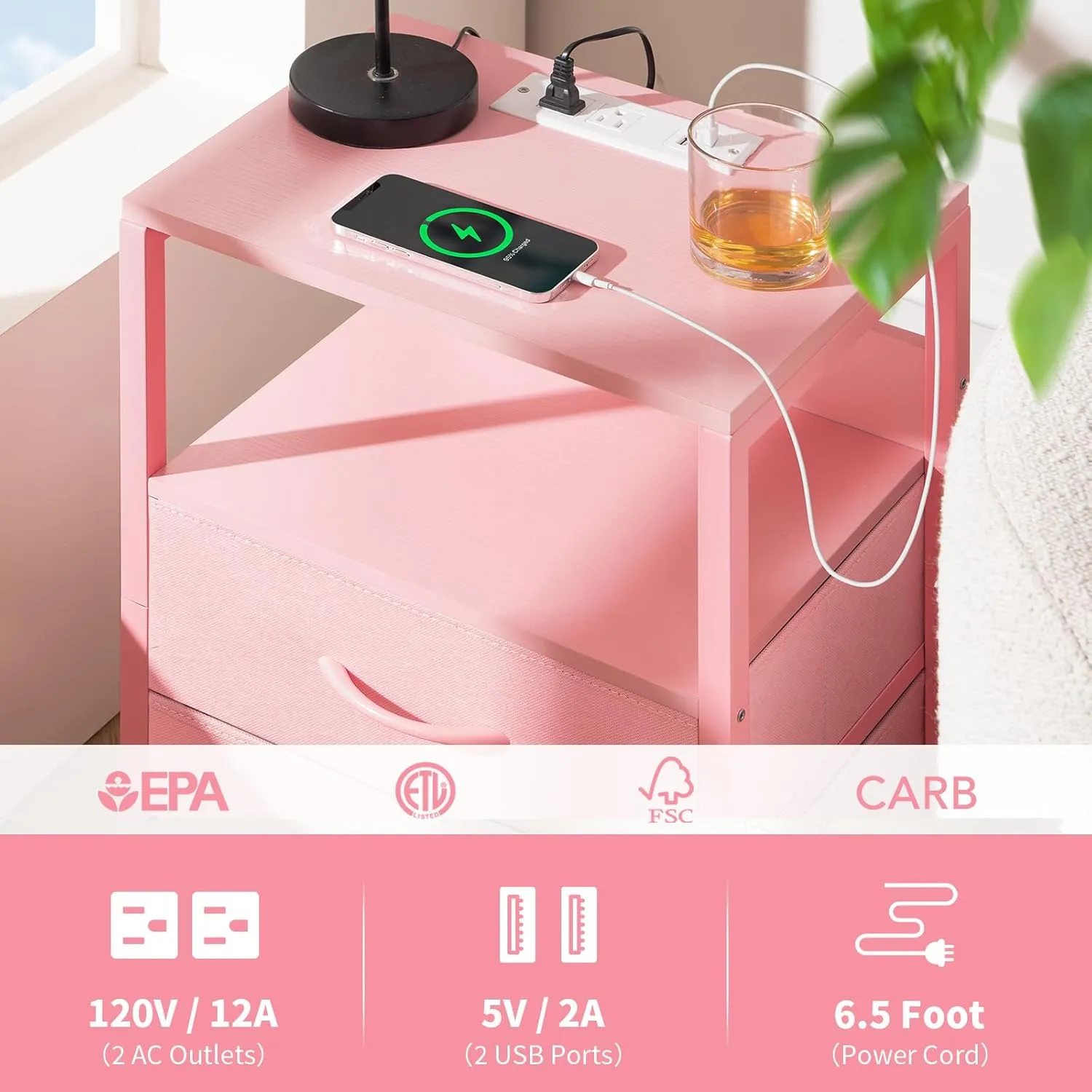 Yoobure Nightstand with Charging Station, LED Night Stand with Fabric Drawers and Storage Shelf for Bedroom, Nightstands Bedside Tables with USB Ports & Outlets, Small Night Stands, Bed Side Table