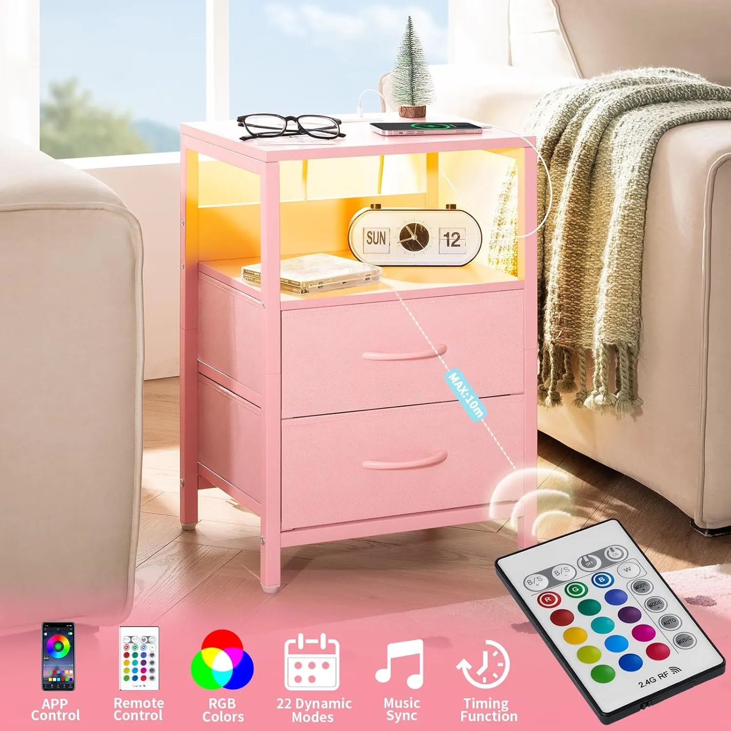 Yoobure Nightstand with Charging Station, LED Night Stand with Fabric Drawers and Storage Shelf for Bedroom, Nightstands Bedside Tables with USB Ports & Outlets, Small Night Stands, Bed Side Table
