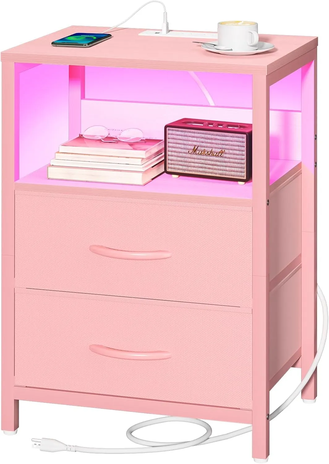 Yoobure Nightstand with Charging Station, LED Night Stand with Fabric Drawers and Storage Shelf for Bedroom, Nightstands Bedside Tables with USB Ports & Outlets, Small Night Stands, Bed Side Table