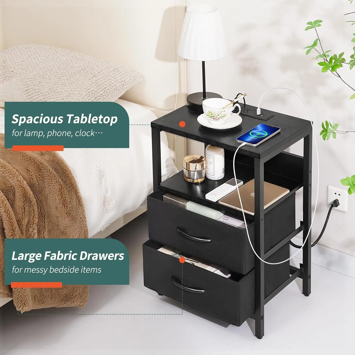 Yoobure Nightstand with Charging Station, Small Night Stand with Fabric Drawers and Storage Shelf for Bedrooms, Nightstands for Small Spaces, Bedside Table with USB Ports & Outlets Bed Side Table