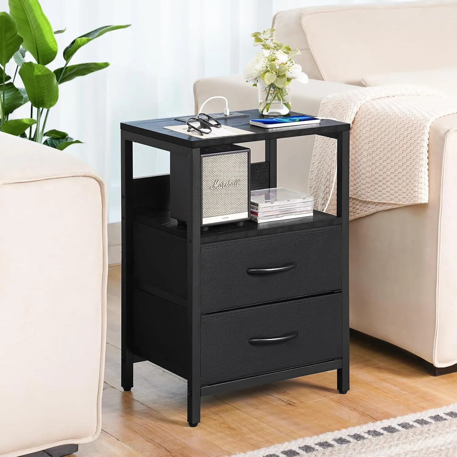 Yoobure Nightstand with Charging Station, Small Night Stand with Fabric Drawers and Storage Shelf for Bedrooms, Nightstands for Small Spaces, Bedside Table with USB Ports & Outlets Bed Side Table