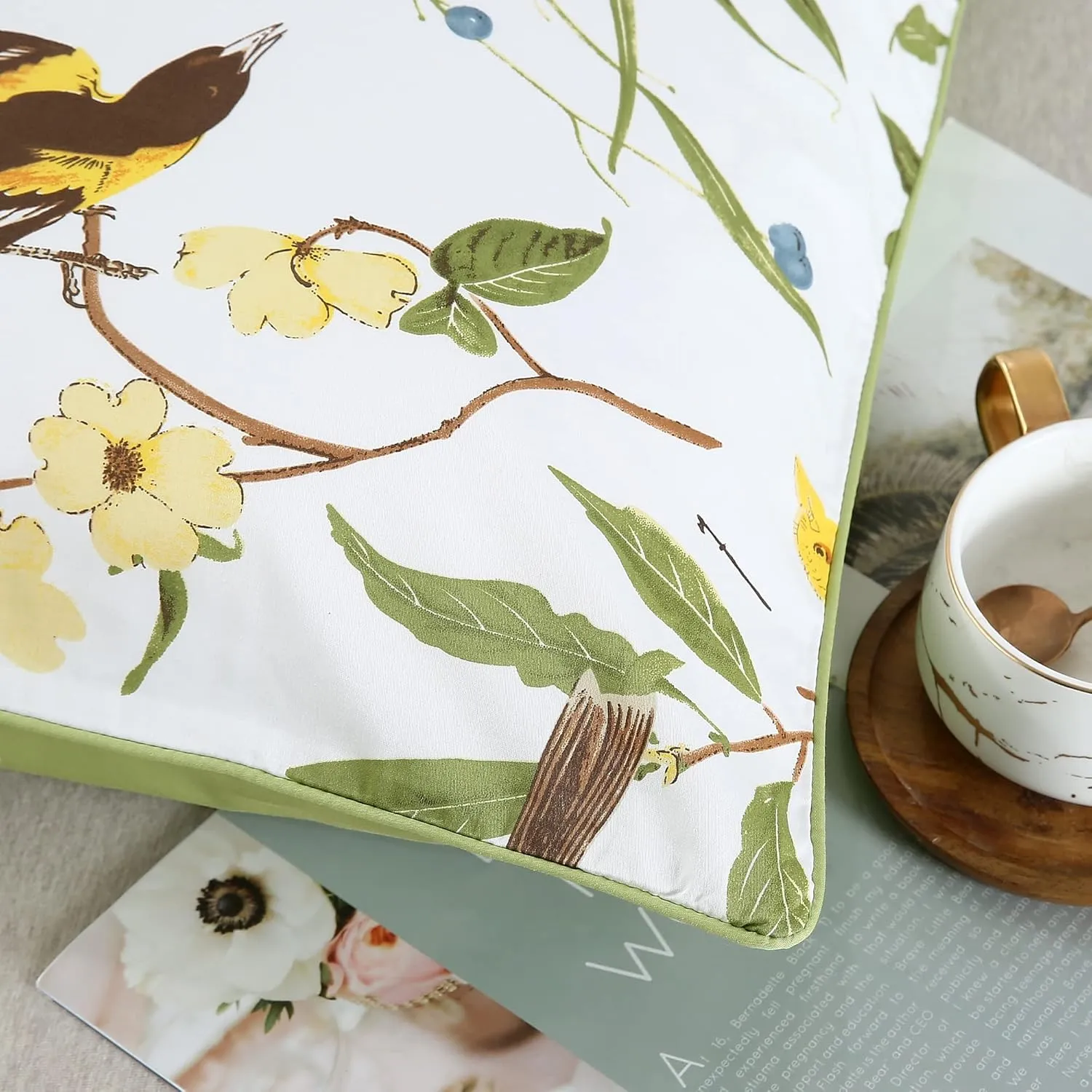 YOU SA Luxury 100% Cotton Pillowcases Pillow Cases Birds Floral Print Pillow Covers (King, Color-21)