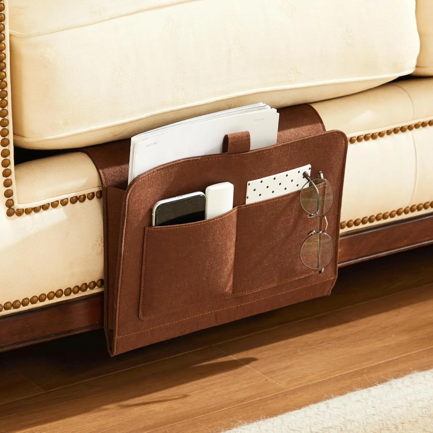 YOUDENOVS Bedside Caddy, Bedside Storage Caddy, Bedside Organizer for Dorm Room, Bunk Bed, Brown