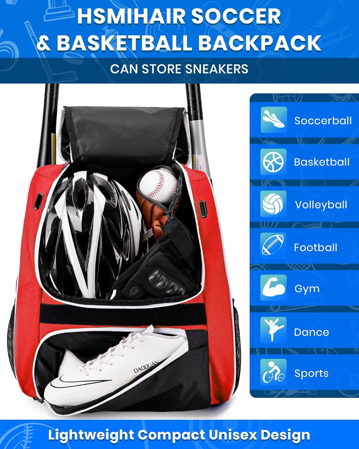 Youth Baseball Bag-Baseball Backpack for T-Ball&Softball Equipment with Fence Hook,Bat&Glove Holder,Large Main Compartment for Helmet,Accessories,Shoes Compartment