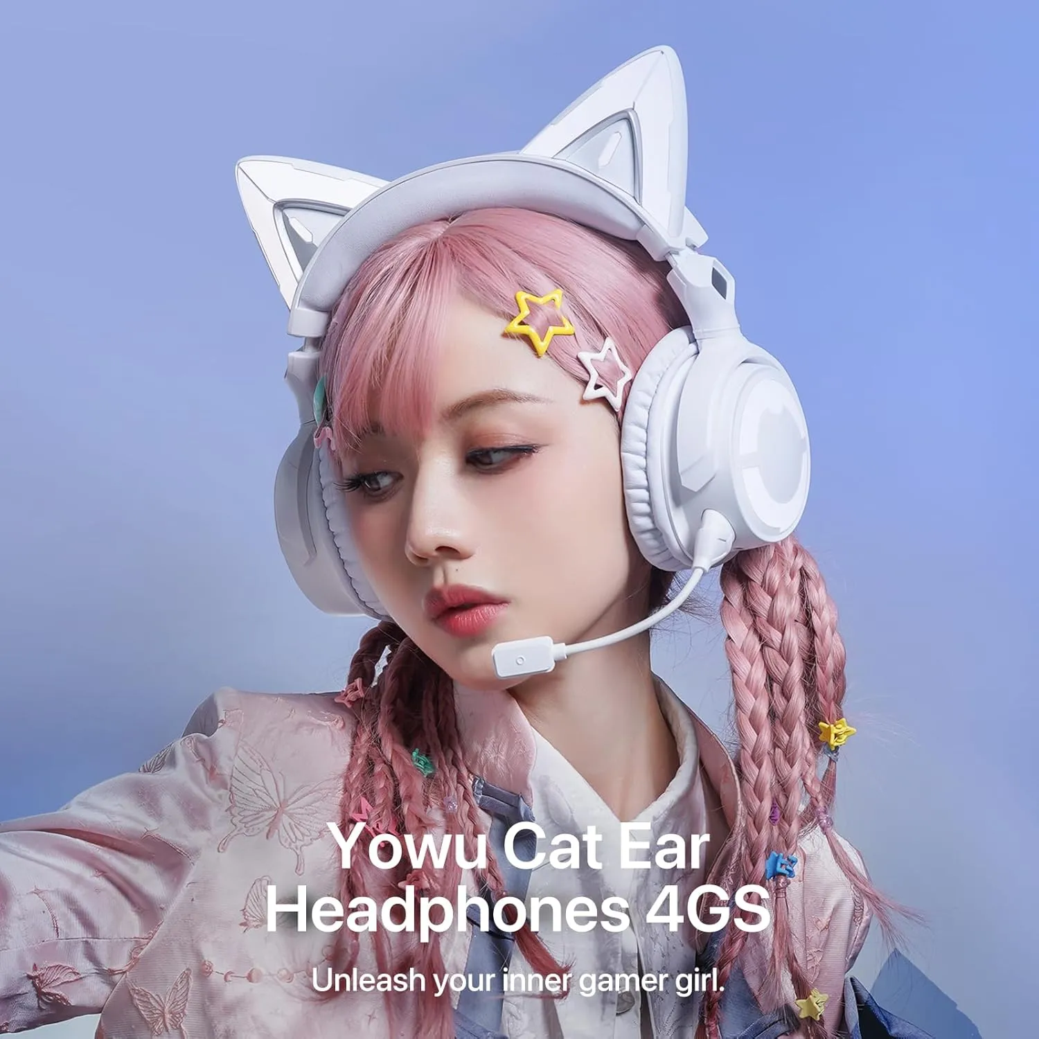 YOWU Cat Ear Headphones 4GS - RGB Gaming Headset with Mic & 2.4G USB/Type C Dongle for PC/PS4/PS5/XBOX/Switch, Wired/Wireless Bluetooth Headphones(White)