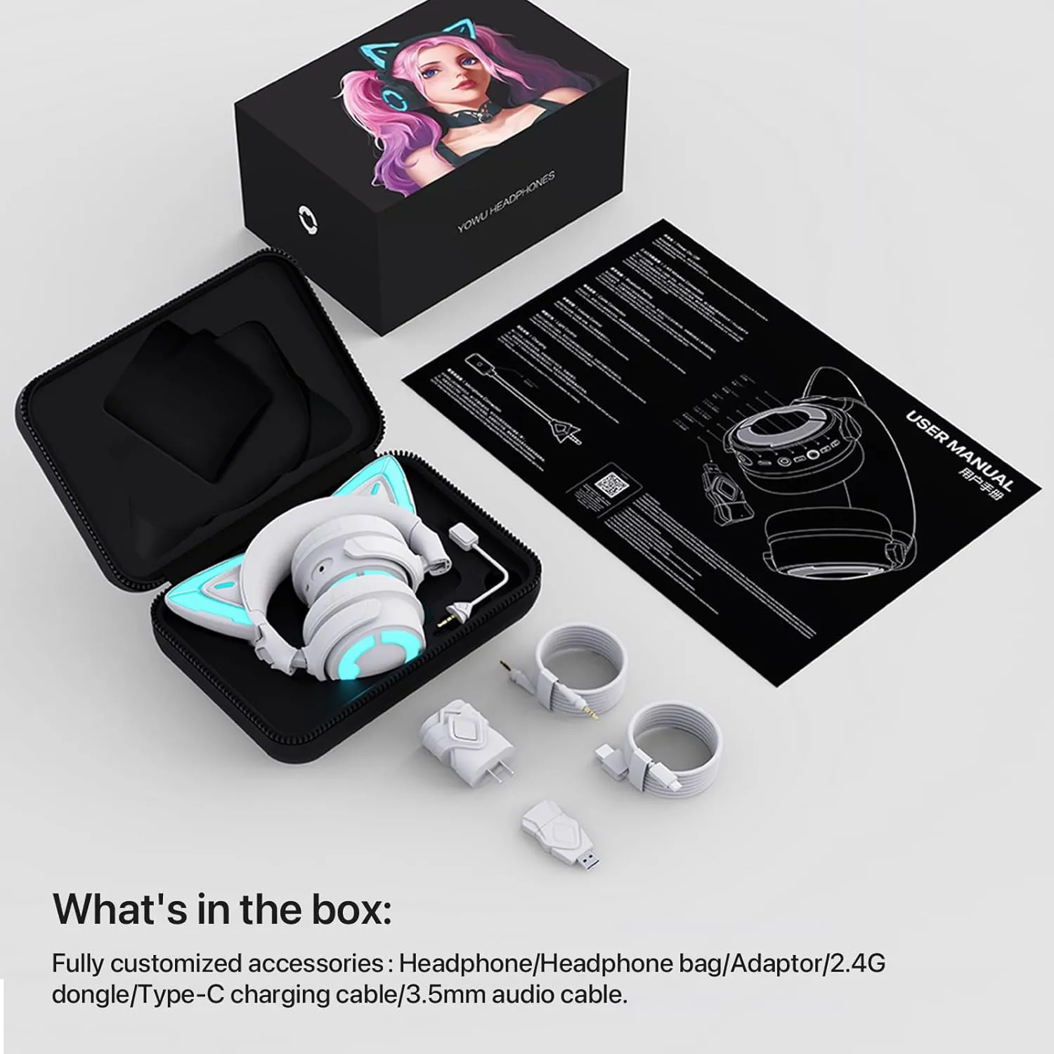 YOWU Cat Ear Headphones 4GS - RGB Gaming Headset with Mic & 2.4G USB/Type C Dongle for PC/PS4/PS5/XBOX/Switch, Wired/Wireless Bluetooth Headphones(White)