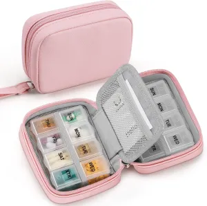 Zannaki Cute Pill Organizer for Purse with Two Removable 7-Day Pill Box, Travel PU Leather Pill Case, Portable Weekly Pill Container with Storage Bag to Hold Vitamins, Fish Oils, Supplements (Pink)