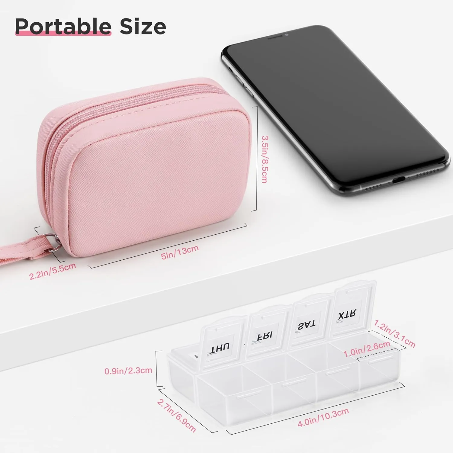 Zannaki Cute Pill Organizer for Purse with Two Removable 7-Day Pill Box, Travel PU Leather Pill Case, Portable Weekly Pill Container with Storage Bag to Hold Vitamins, Fish Oils, Supplements (Pink)
