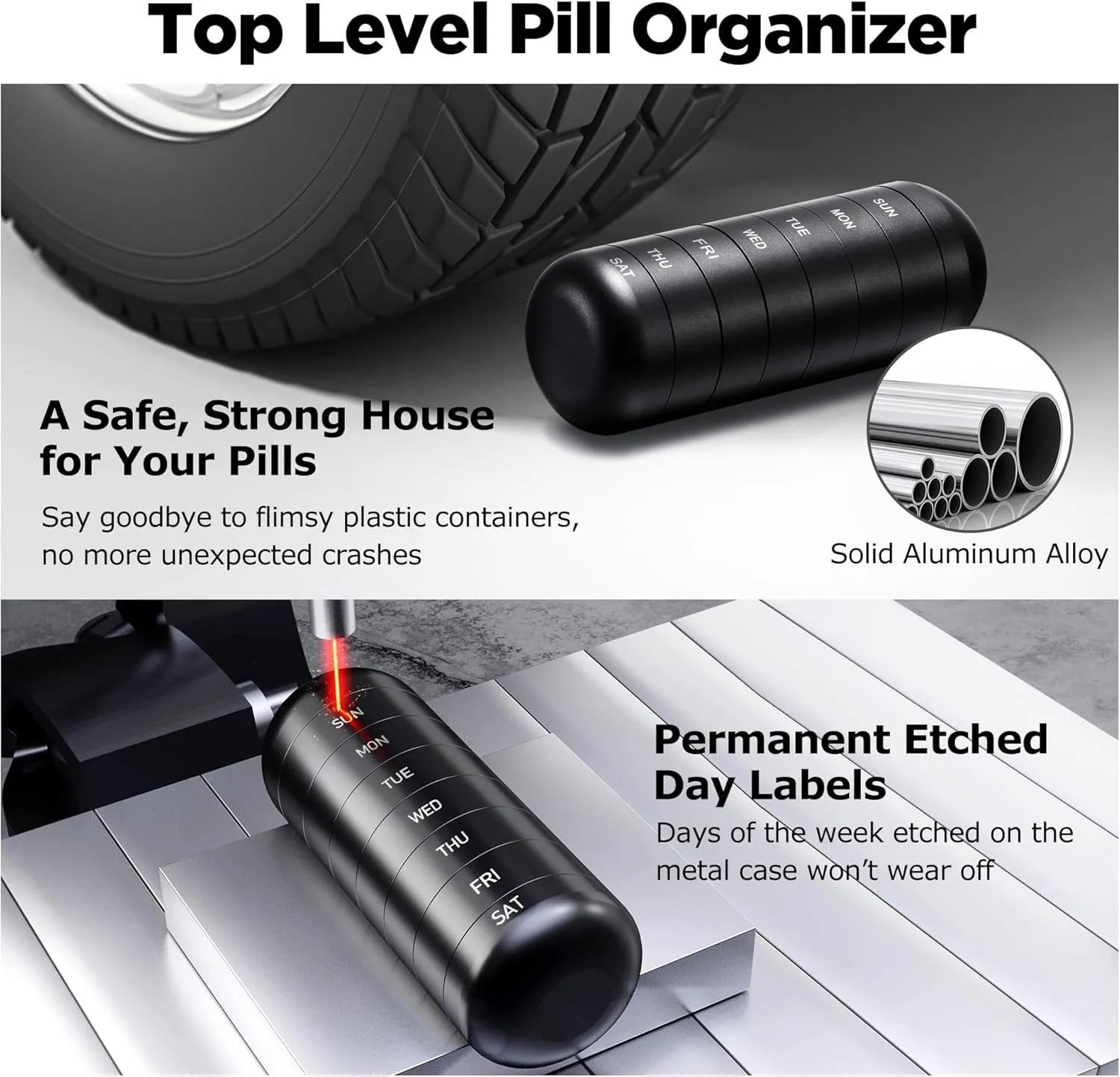 Zannaki Weekly Pill Organizer 7 Day 2 Times a Day, Portable Metal Travel Waterproof AM PM Pill Box,Large Pill Case Container, BPA Free Daily Medicine Organizer Holder for Vitamin, Fish Oil, Supplement