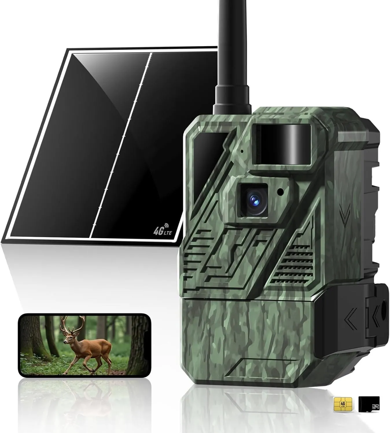 Zleo Cellular Game Trail Camera Solar, Wildlife Deer Cameras with Low Glow Night Vision Waterproof, 0.3s Trigger, Live Feed to Cell Phone, 5MP Photo, HD Video, No WiFi Needed, Spring Green