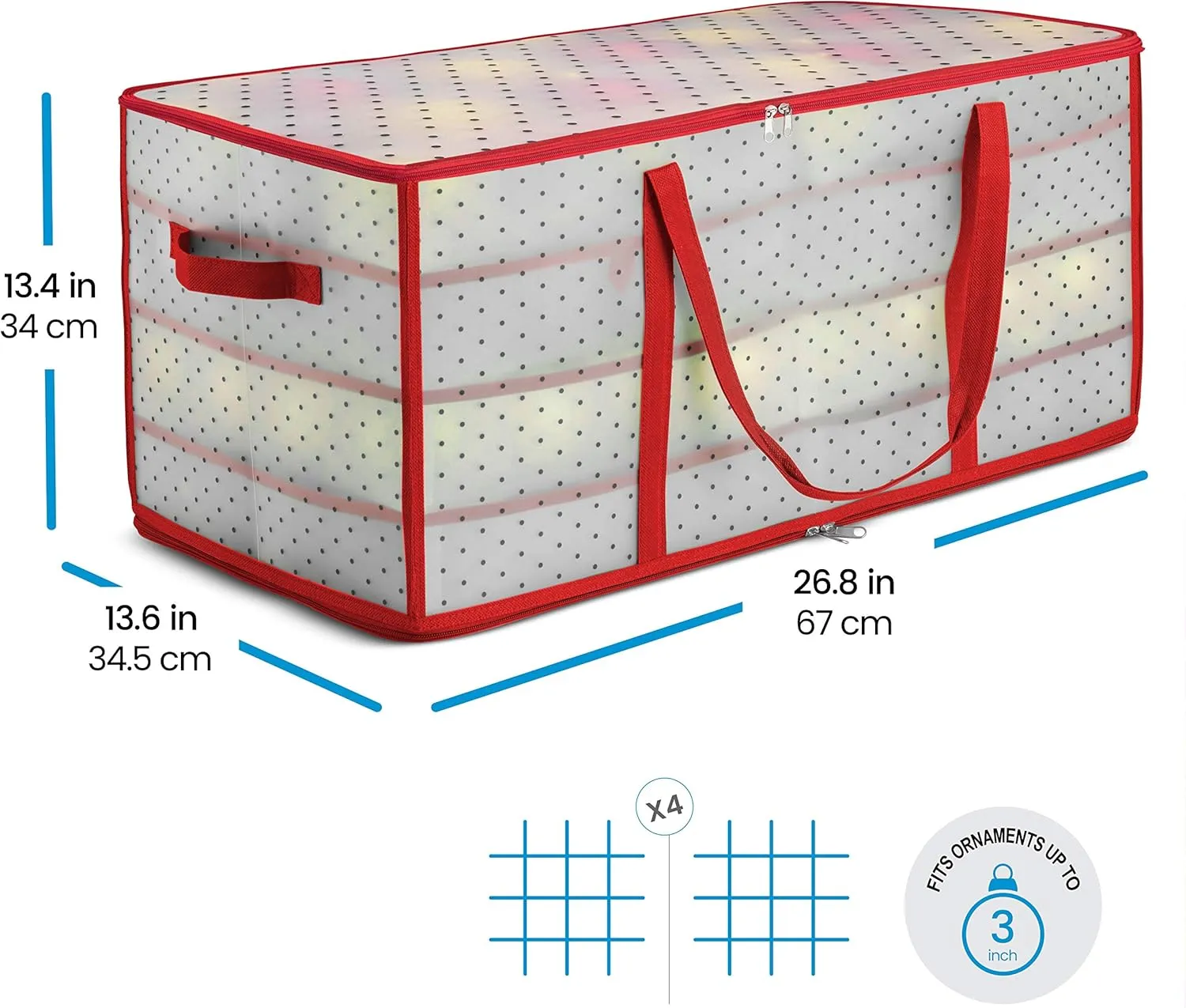 ZOBER Christmas Ornament Storage Box - Stores 128 Ornaments W/ 2 Sided Zipper - Flexible Plastic Christmas Ornament Storage Containers - 3 Inch Cube Compartments - Red