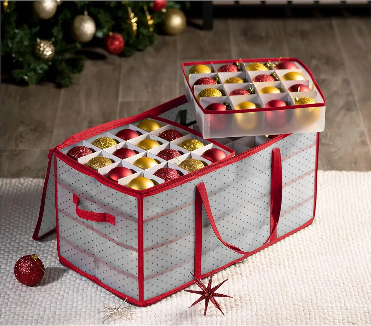 ZOBER Christmas Ornament Storage Box - Stores 128 Ornaments W/ 2 Sided Zipper - Flexible Plastic Christmas Ornament Storage Containers - 3 Inch Cube Compartments - Red